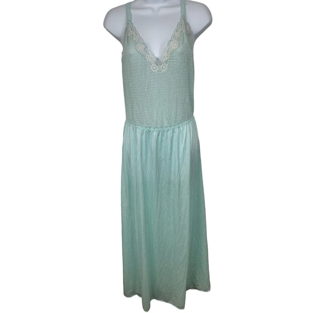 Vintage Vanity Fair Nightgown Medium Blue Plunge‎ Lace Stretch Full Length Sexy